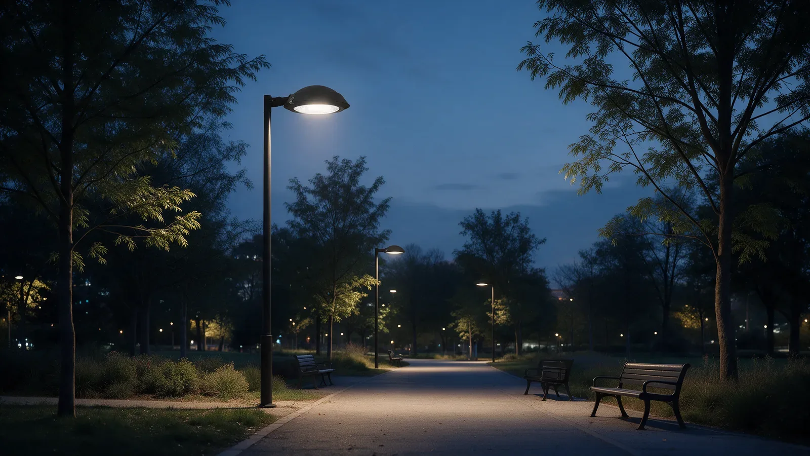 Camino de un parque público al anochecer, con luminarias negras de cabezal plano, árboles y bancos.
