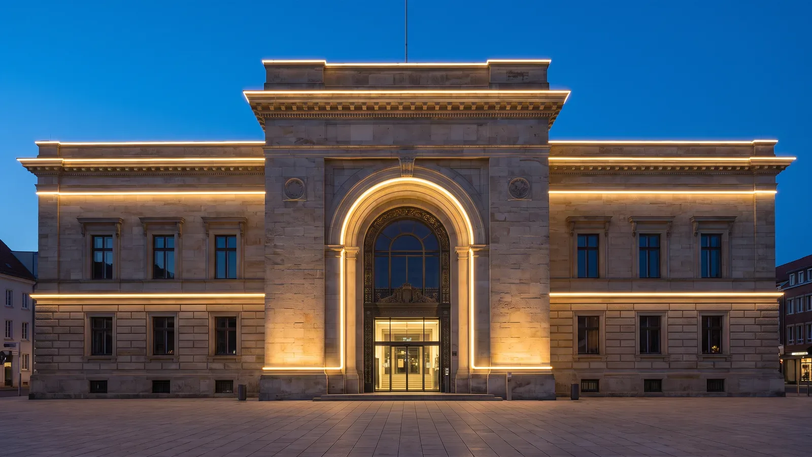 Fachada de piedra de un edificio público de estilo clásico al anochecer, con líneas continuas de neón LED blanco cálido en las cornisas, las molduras horizontales y el contorno del arco de acceso.